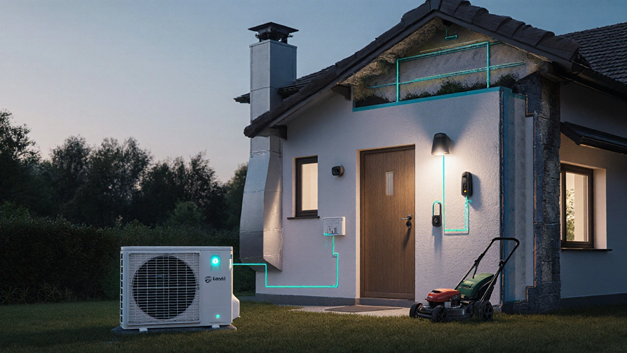 Exteriér domu s tepelným čerpadlem, ventilací, bezpečnostními senzory a zahradní technikou.