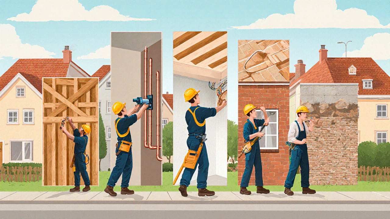 Ilustrace ukazující pět řemeslníků – tesaře, instalatéra, elektrikáře, malíře a zedníka – během rekonstrukce domu.