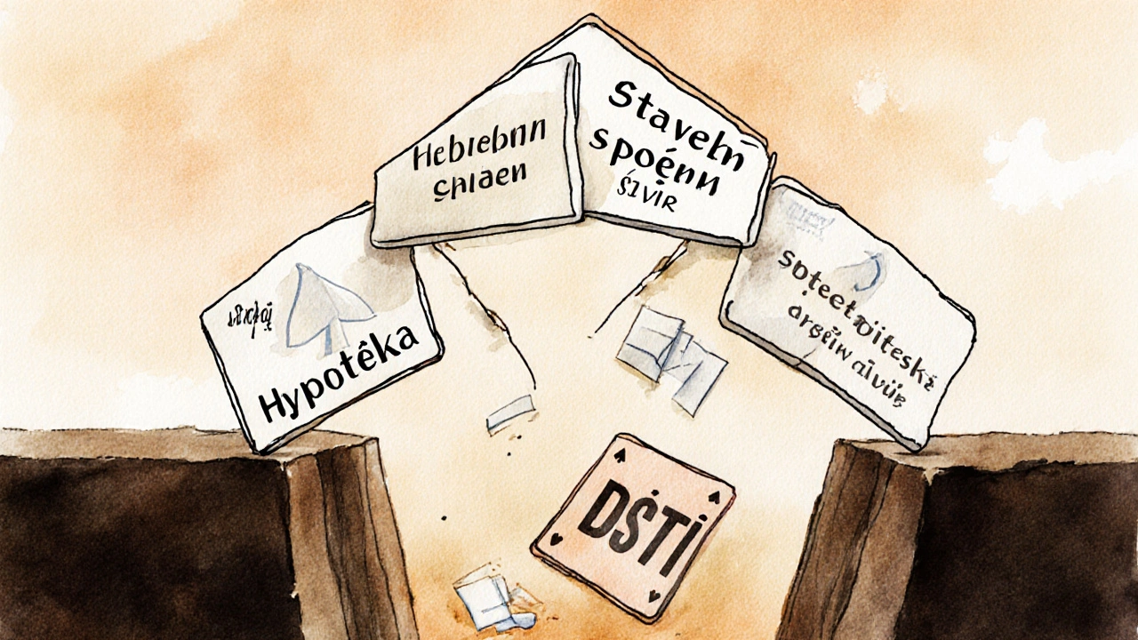 Křehká věž z finančních nástrojů se zhříží nad propastí dluhů.