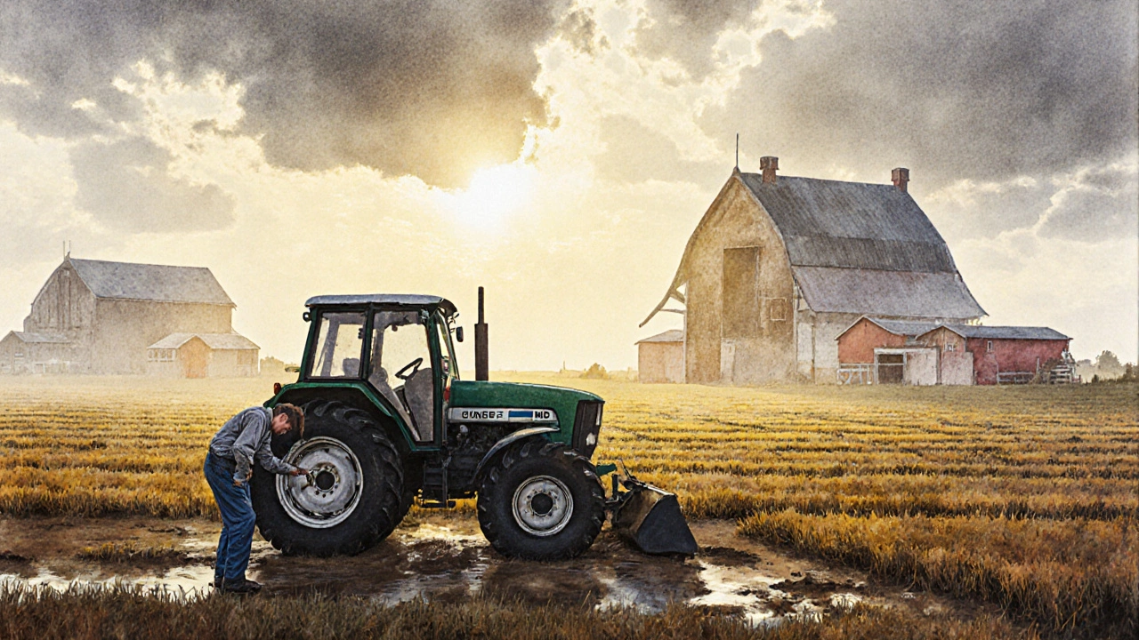 Malý český farmář stojí u porušeného traktoru v poli, v pozadí velké německé farmy.