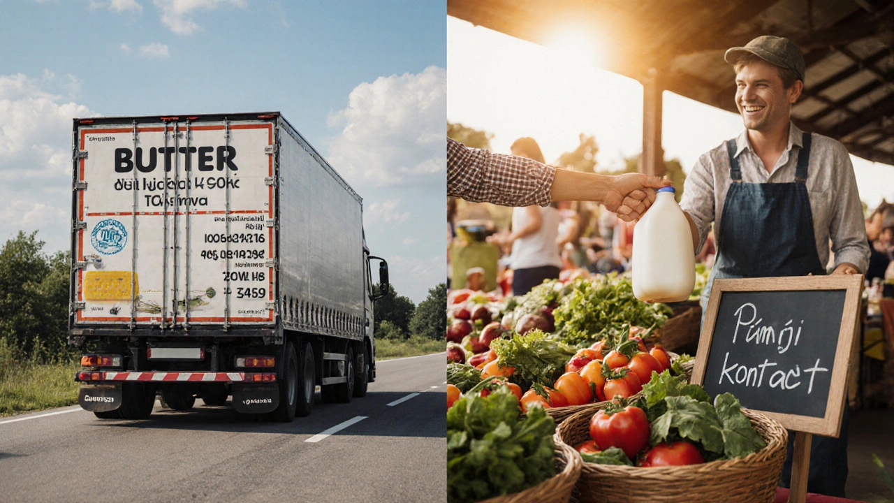 Místní zemědělec předává čerstvé mléko zákazníkovi na tržišti, symbolizující přímý kontakt.
