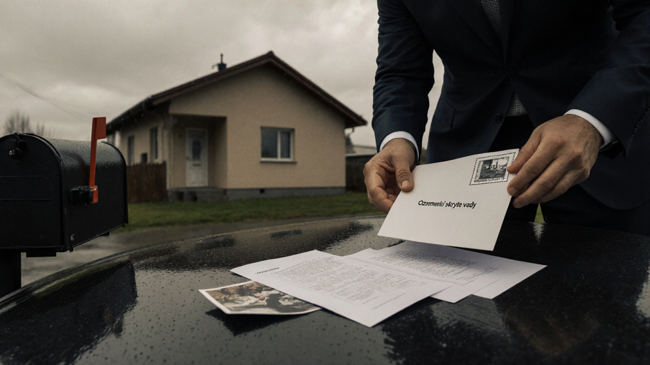 Muž ukládá doporučený dopis do poštovní schránky s dokumenty na autě.