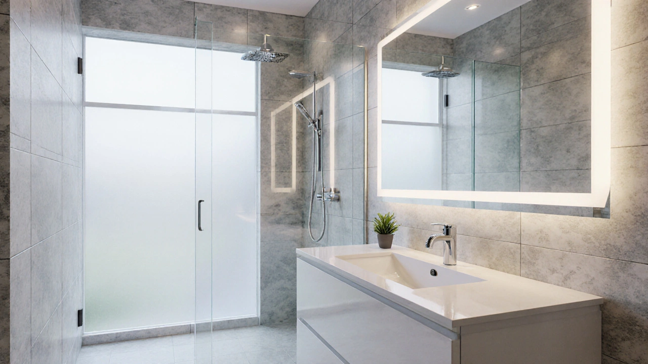 Nová koupelna s lesklým baterii, LED osvětlením, zrcadlem a pastelovými dlaždicemi.