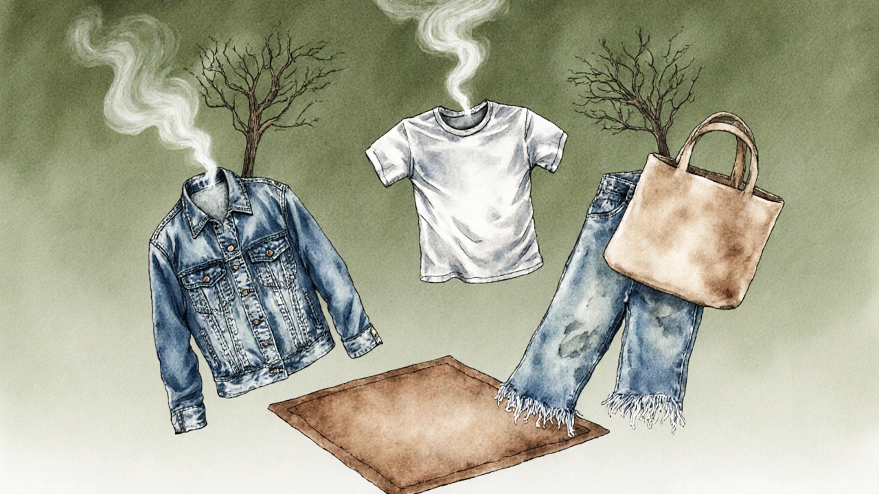 Přeměněné oděvy: tričko jako taška, džíny jako polštář a hadřík z kousků látky.