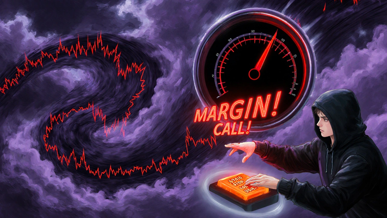 Scéna s prudce klesajícím grafem, červeným varováním margin call a tlačítkem stop‑loss.