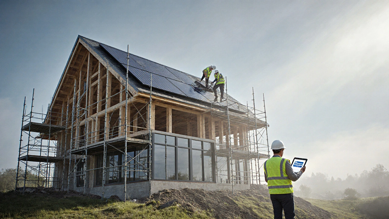 Stavba energeticky úsporného domu s instalací solárních panelů a architektem.