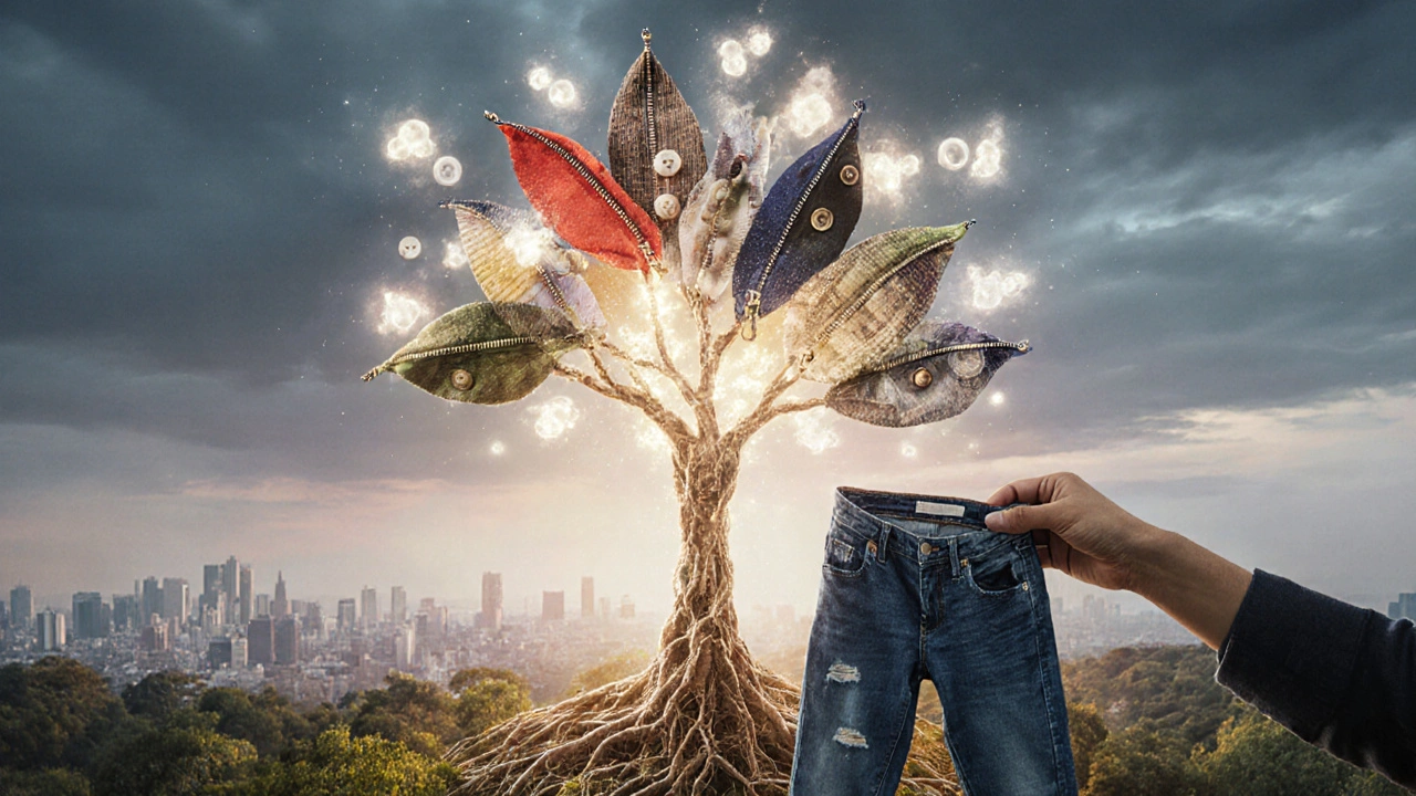 Strom s kořeny z textilie a větvemi z zipů, listy jsou oblečení, nad nimi se rozptylují CO2 molekuly.