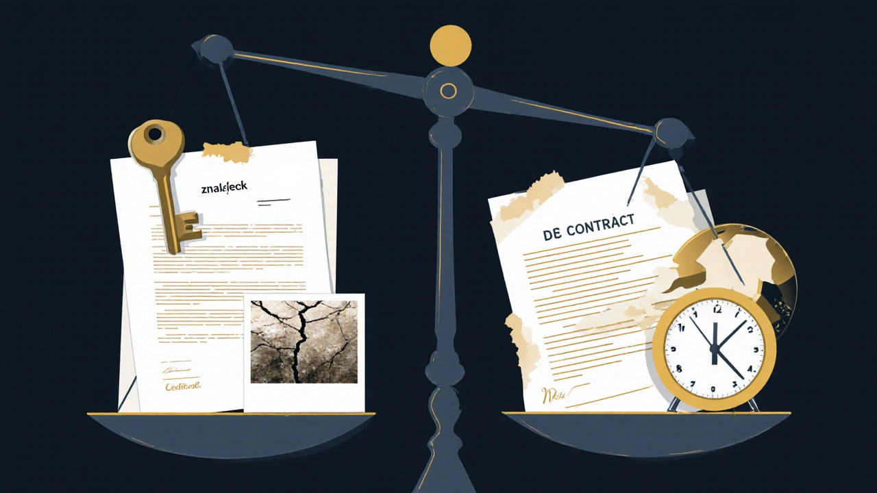 Váha s klíčem a dokumenty proti uplynulému času a smlouvě.
