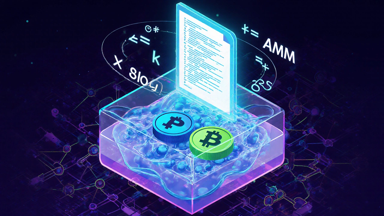 Vizualizace smart kontraktu, AMM rovnice a tokenů tekoucích do likviditního poolu.