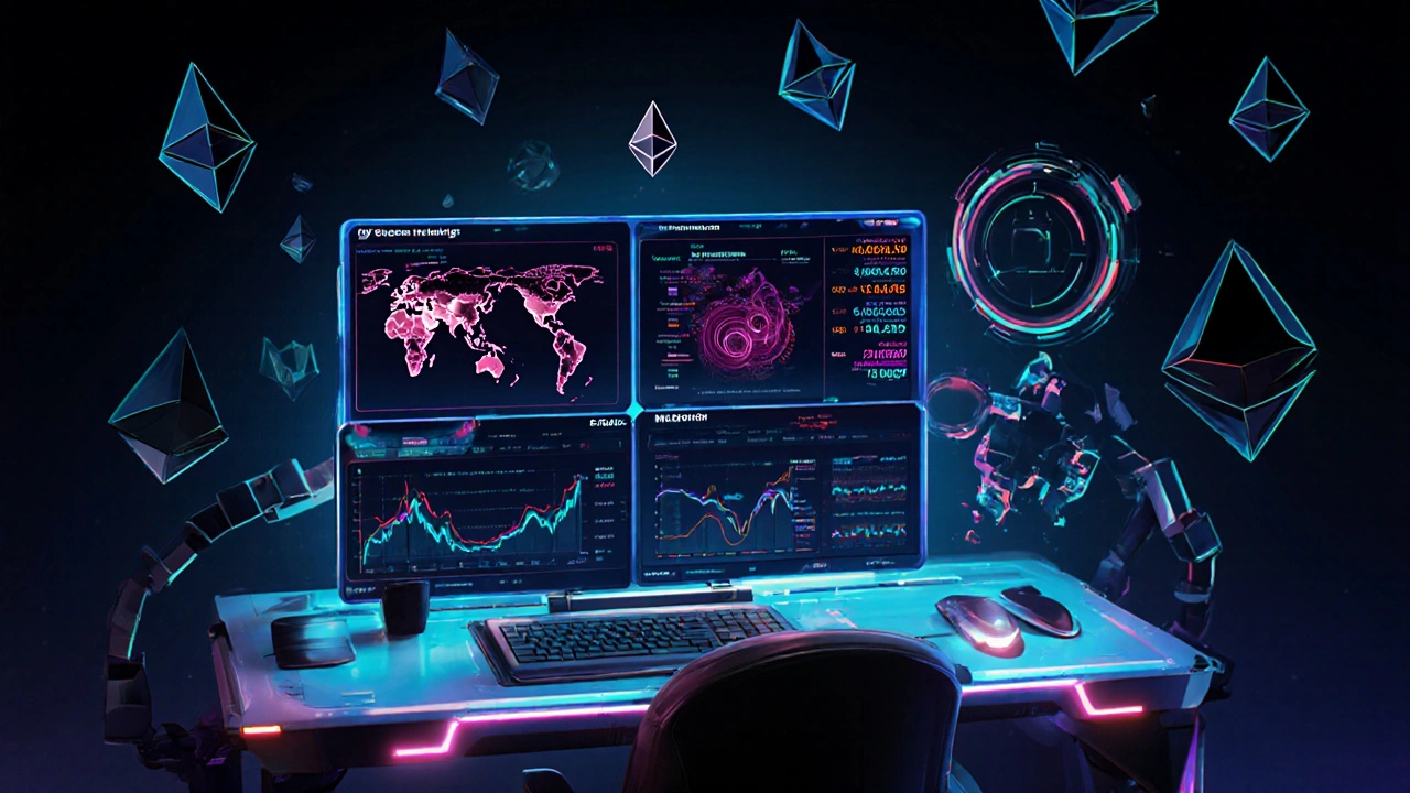 Vývojář sleduje v reálném čase mempool pomocí futuristického rozhraní s mapou a trendy gasu.