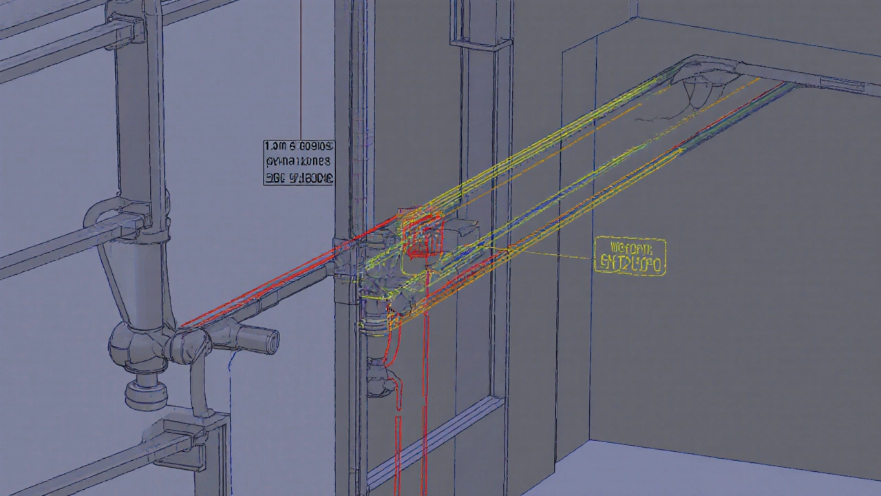 3D BIM model s kolizemi vodovodních potrubí a elektrických vedení.