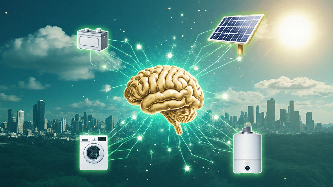 Abstract central node connecting icons of solar panels, battery, and home appliances with glowing energy lines.