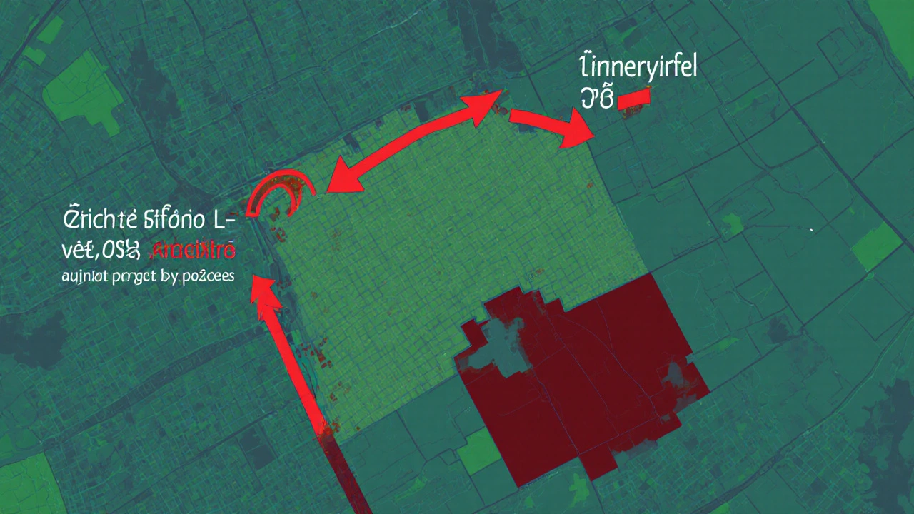 Aerální pohled na české město s barevnými zónami označujícími vliv plánované výstavby na ceny nemovitostí.