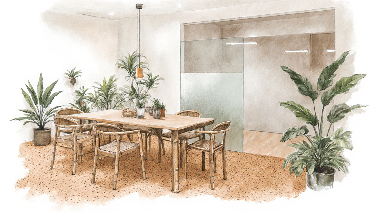 Bambusové židle, korková podlaha a chytrá skleněná příčka v klidném interiéru s přírodními barvami.