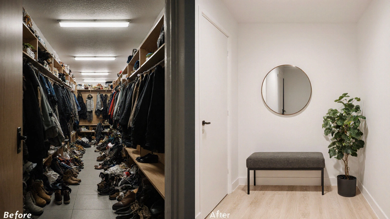 Before-and-after transformation of a cluttered entrance hall into a clean, organized space.
