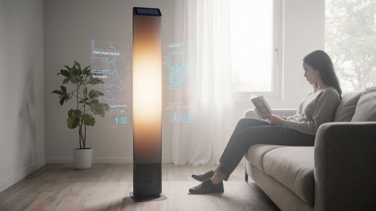 Budoucí chytrá lampa s solárním nabíjením, která přizpůsobuje světlo podle dne.