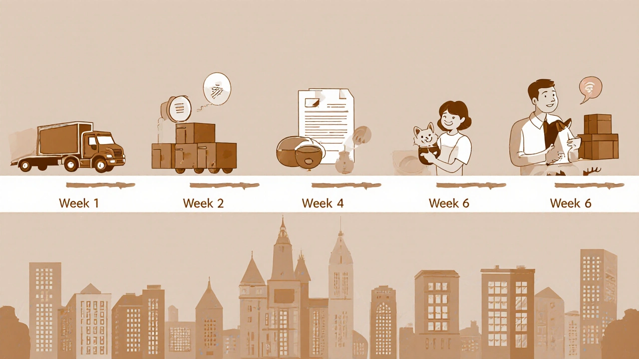 Časový plán stěhování s ikonami pro každý týden v českém kontextu.