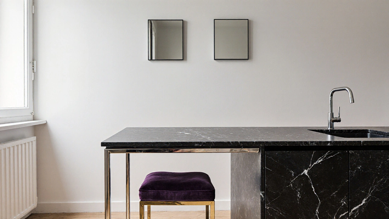 Černý mramorový barový pult s chromovanými nohami a jediným fialovým polštářem v kuchyni.