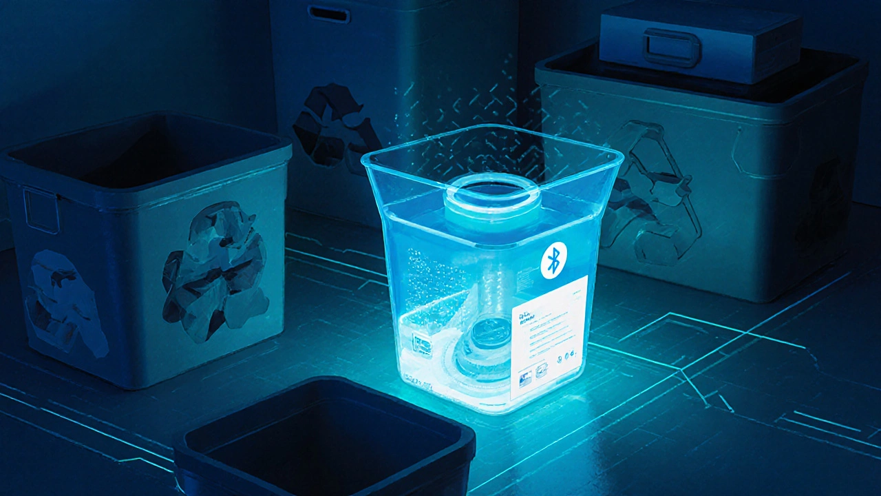 Chytrý úložný kontejner s Bluetooth sledováním v moderní domácí kanceláři.