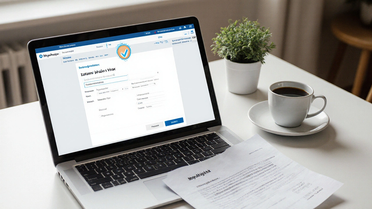 Člověk odesílá žádost o výmaz zástavy přes online portál MojeMajetek na počítači.