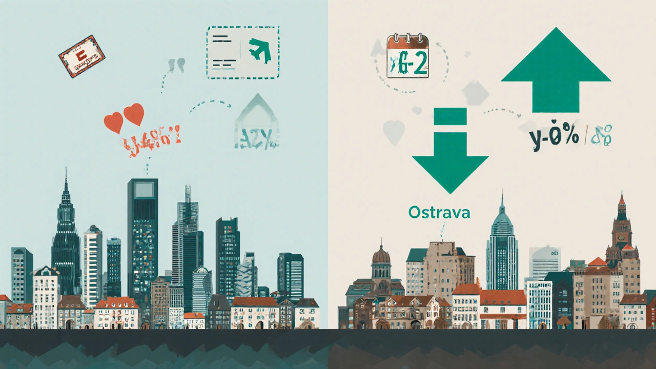 Contrasting cityscapes showing high rental yields in regional Czech cities versus low yields in Prague