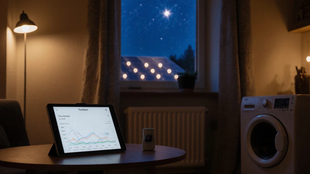 Cozy evening scene with smart home devices quietly running on stored solar energy under starry night sky.