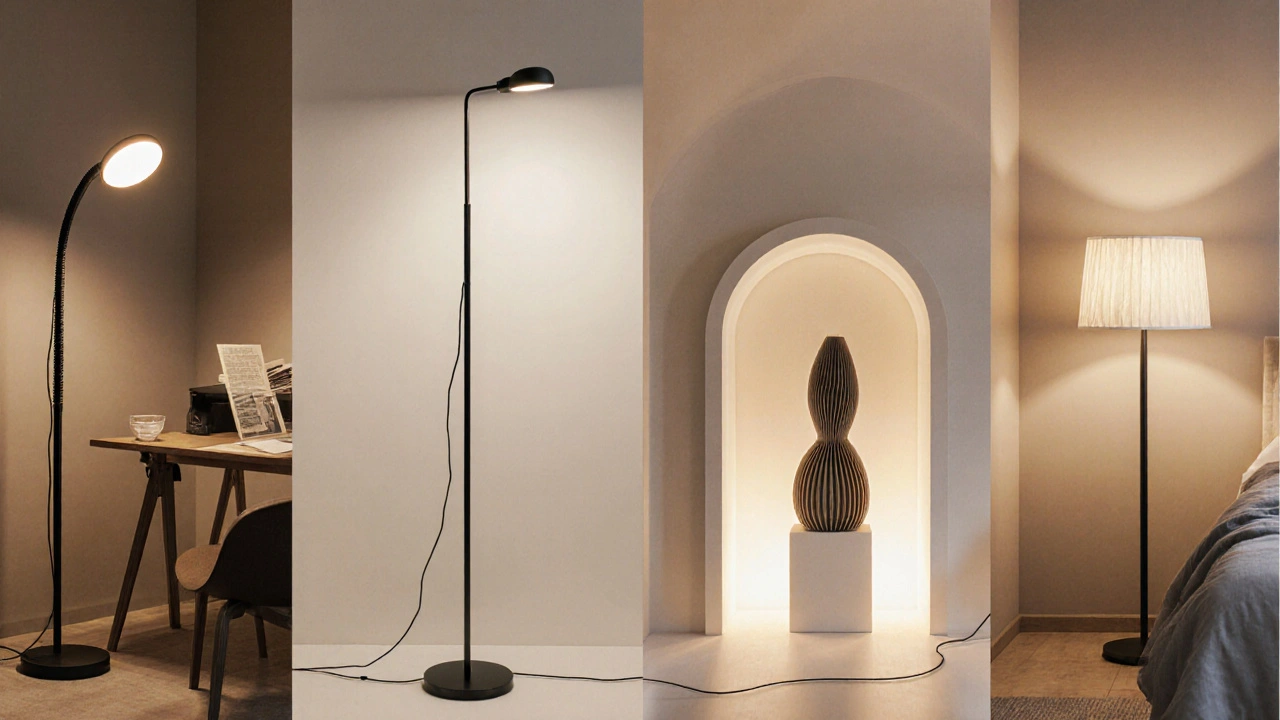 Čtyři typy stojacích lamp: flexibilní, LED, dekorativní a chytrá, každá ve svém prostředí.