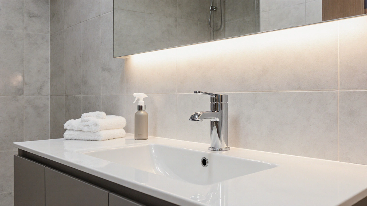 Detail koupelny s novými kohoutky a úchytkami, bez osobních věcí, čistý a moderní.