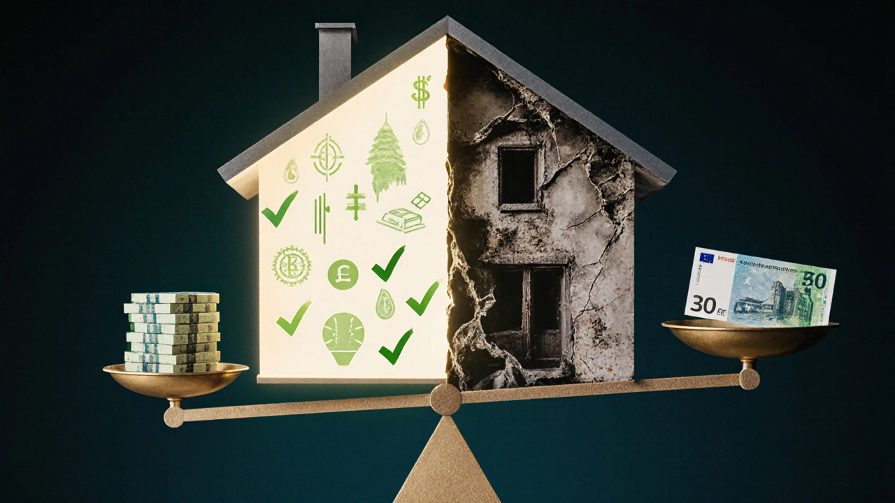 Dům rozdělený na část s viditelnými vadami a část s bezpečným stavem, symbolizující riziko a ochranu.