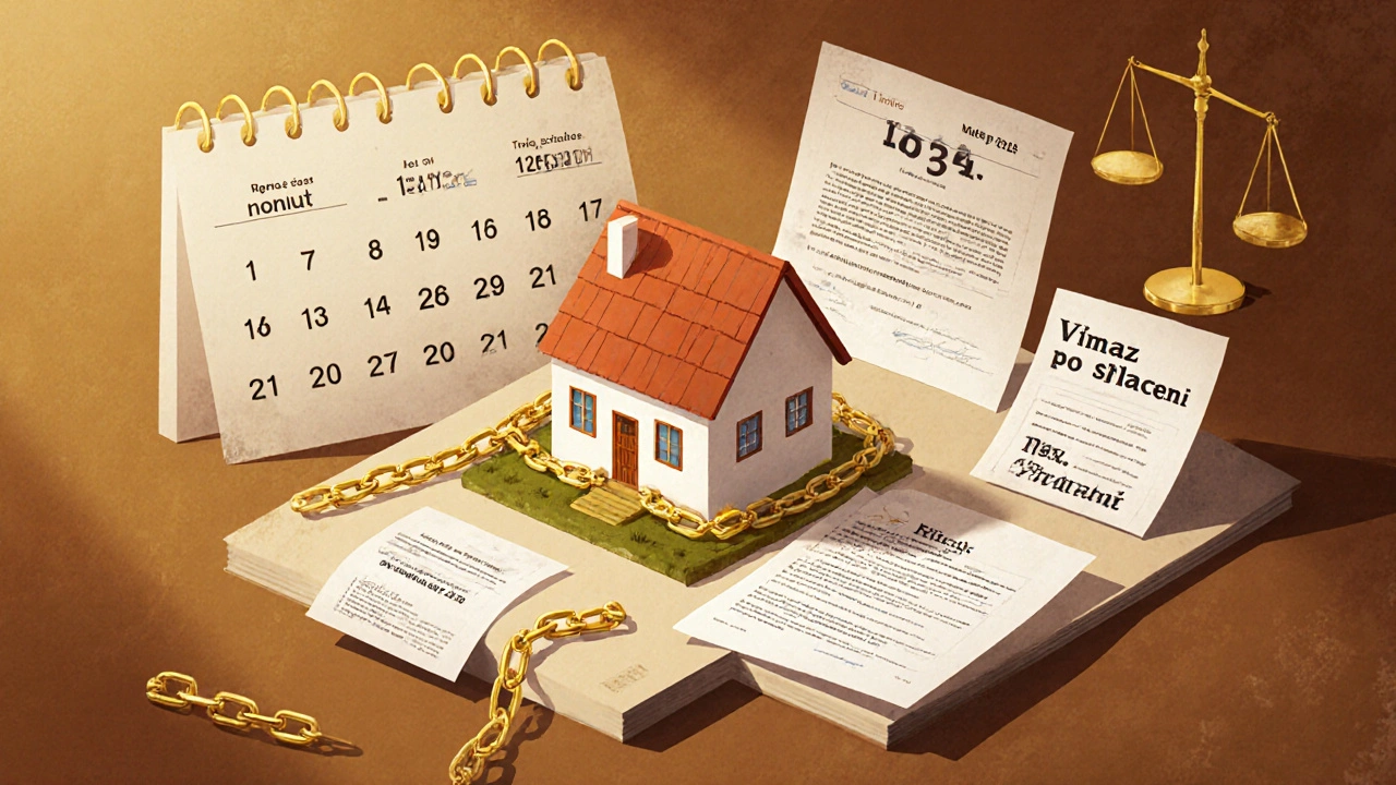 Dům spojený zlatým řetězem s katastrální knihou a právními údaji o zástavě.