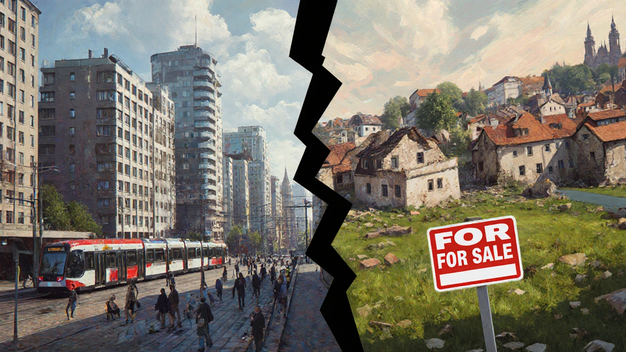 Dvě protichůdné reality bydlení: aktivní město a opuštěné pohraničí.