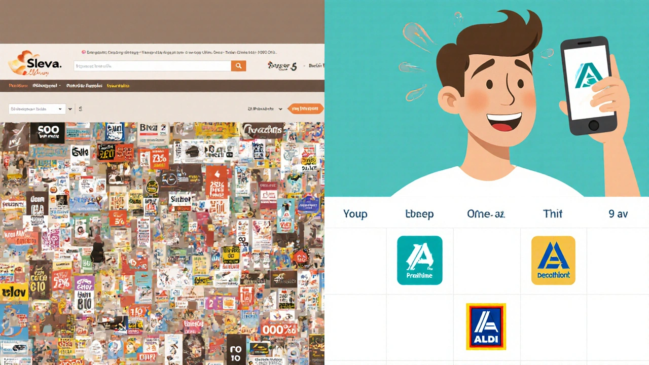 Dvě scény: jeden uživatel zmatený při prohlížení slev, druhý klidně sleduje přehledný kalendář na telefonu.