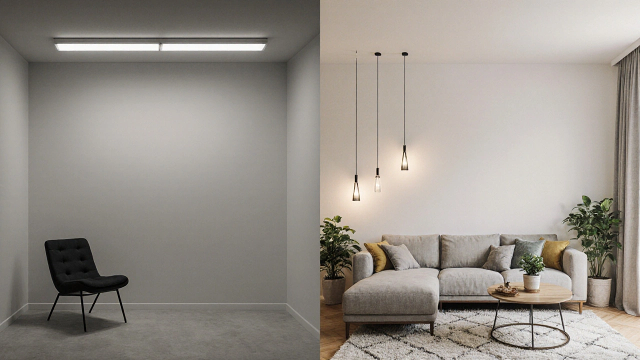 Dvě strany jedné místnosti: na jedné straně prázdný prostor, na druhé stejný prostor s virtuálně přidaným nábytkem.