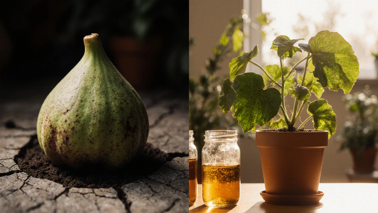 Dvě verze stejné rostliny: jedna oslabená, druhá zdravá, s ekologickými hnojivy mezi nimi.