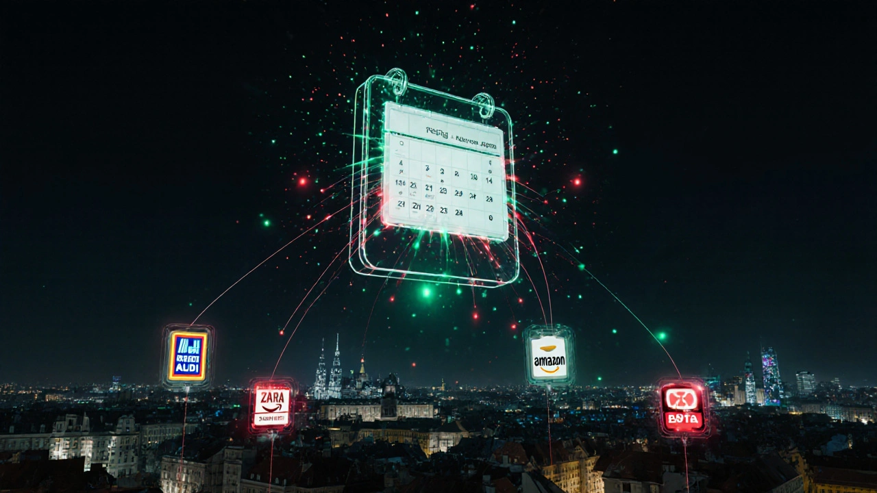 Futuristický 3D kalendář s připojenými logy obchodů, které automaticky synchronizují slevy v Česku.