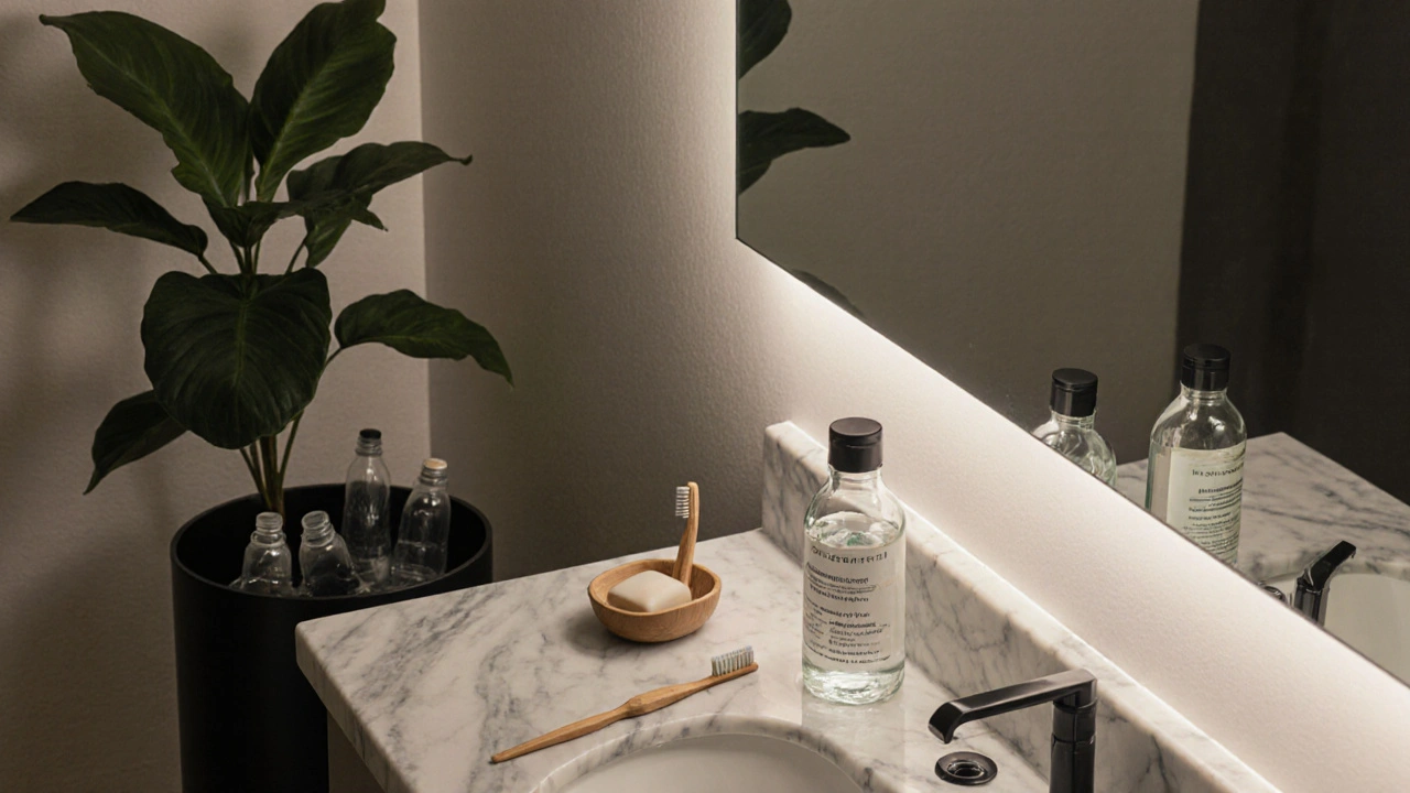 Hotelová koupelna s náplňovými láhvemi a vyhozenými plastovými minibaleními.