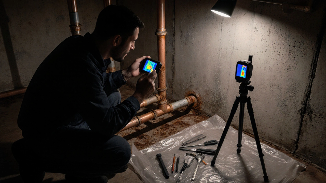 Inspektor zkoumá korozi vodovodních potrubí ve sklepě s tepelnou kamerou.