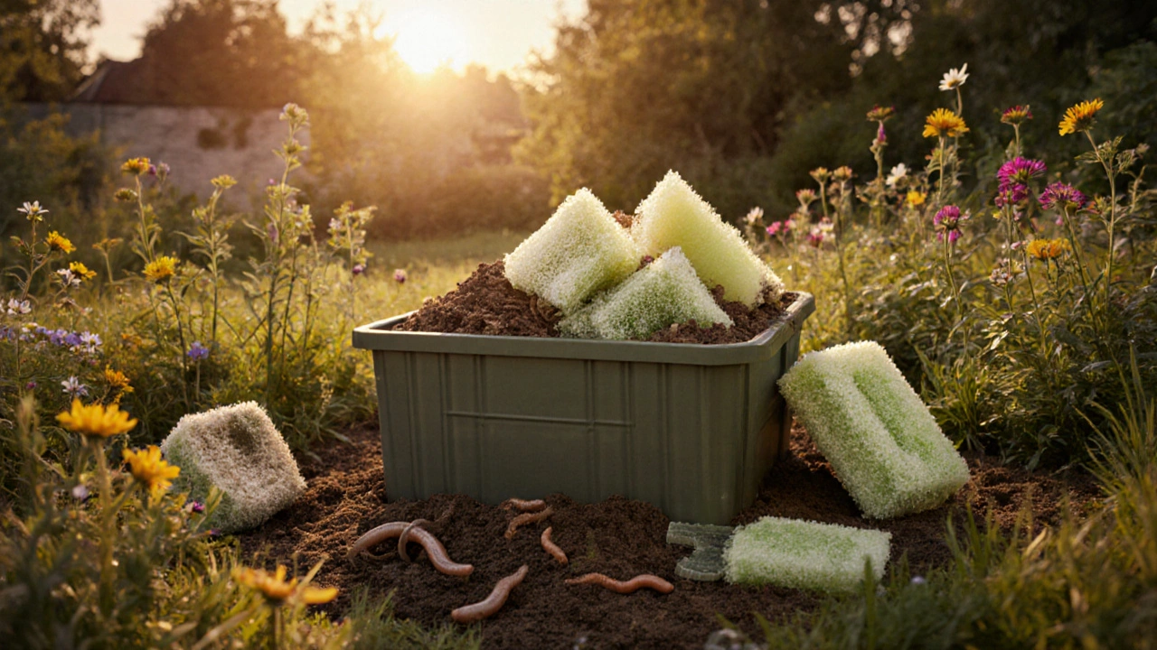 Kompostovací koš s biologicky rozložitelnými obaly a houbami v zahradě.
