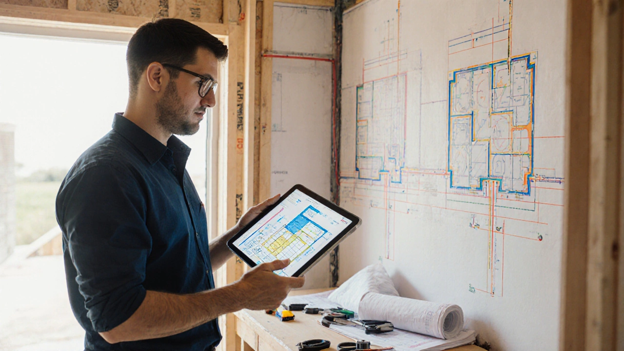 Koordinátor kontroluje digitální plán instalací při rekonstrukci bytu.