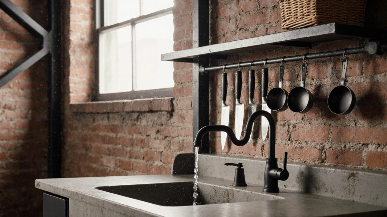 Kovová lišta s nářadím na neomítnuté zdi s betonovým umyvadlem a přirozeným osvětlením.