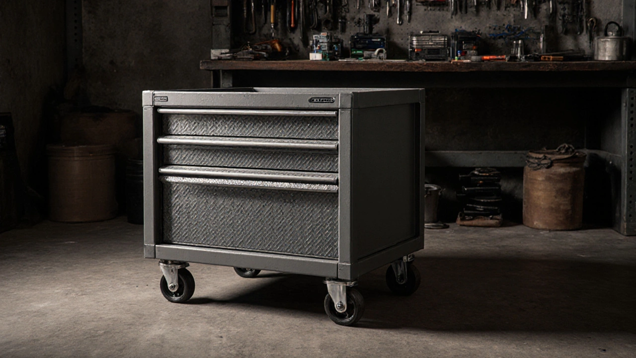 Kovová zásuvka s kuličkovými pojezdy a gumovými kolečky na dílně.