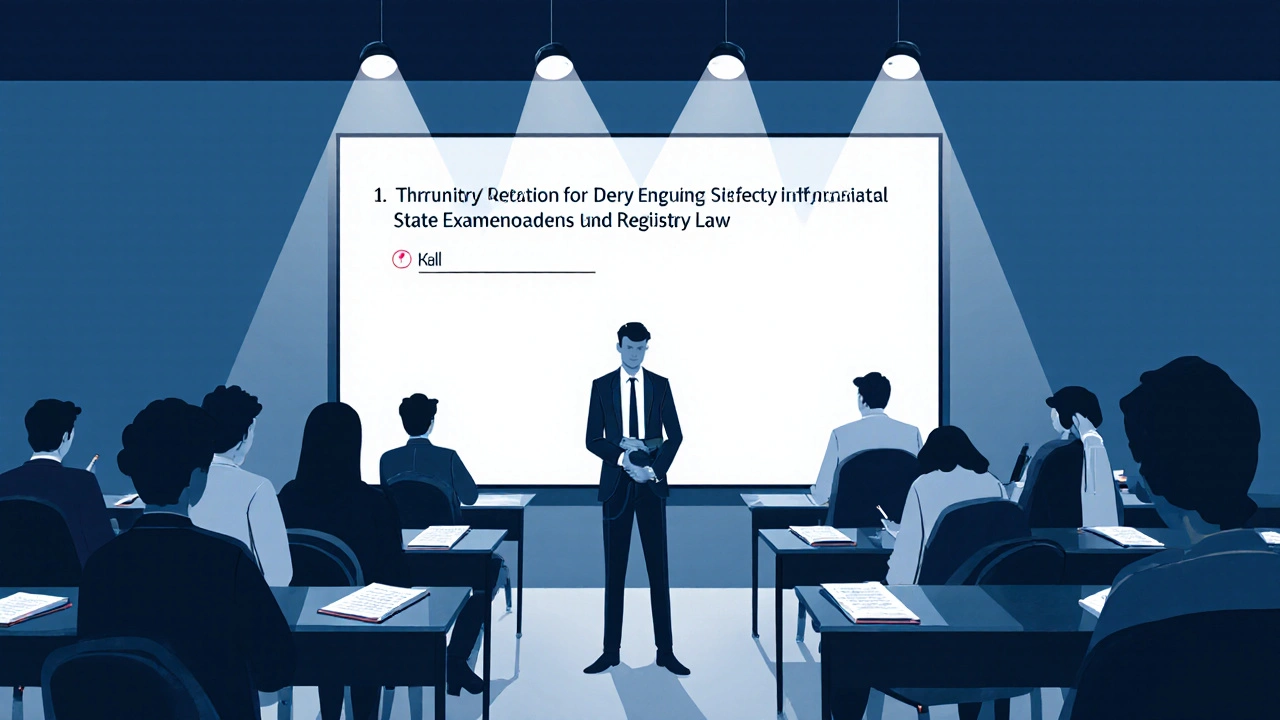 Makléři psou státní zkoušku z realitního zprostředkování v klidné místnosti.