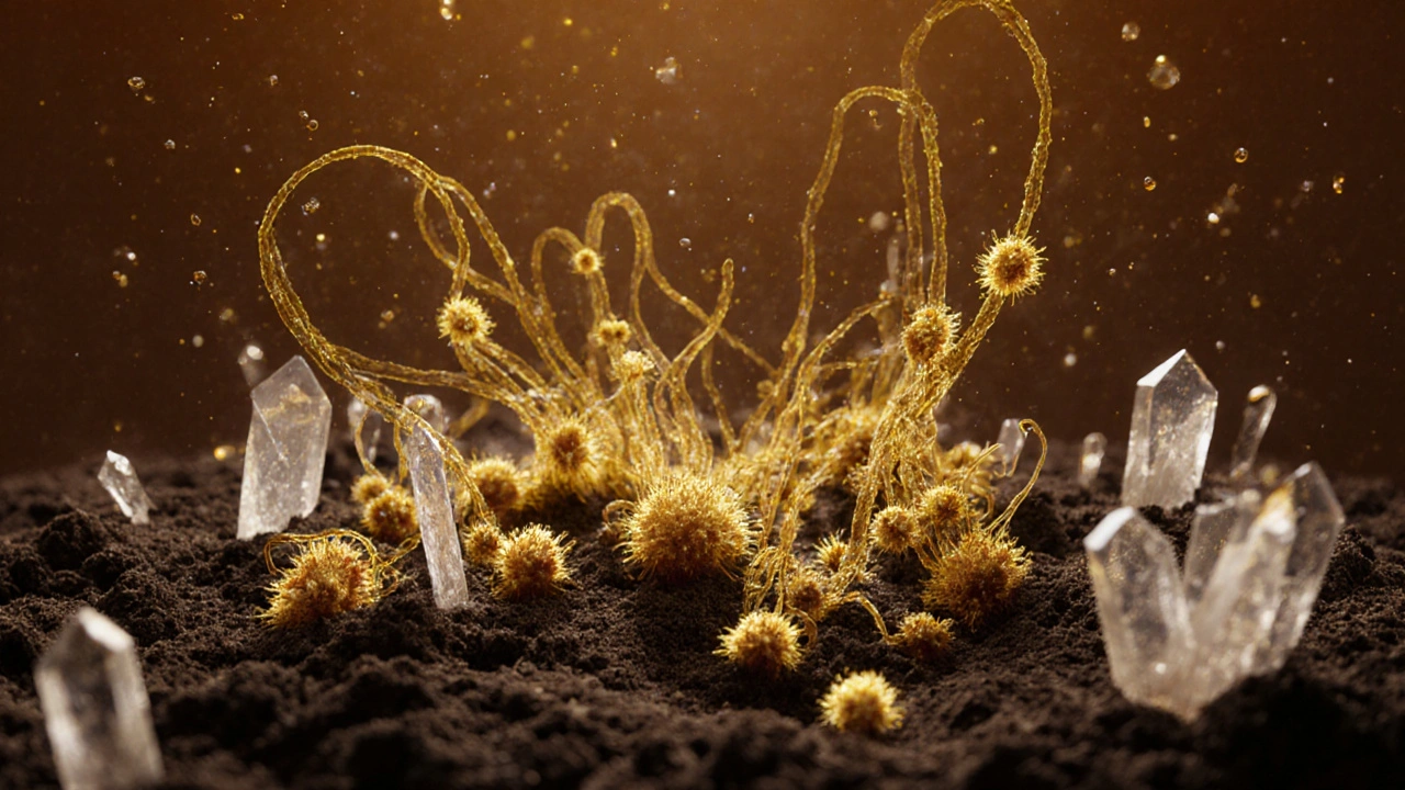 Mikroskopické bakterie a houby v půdě, viditelné jako zářící vlákna kolem kořenů.