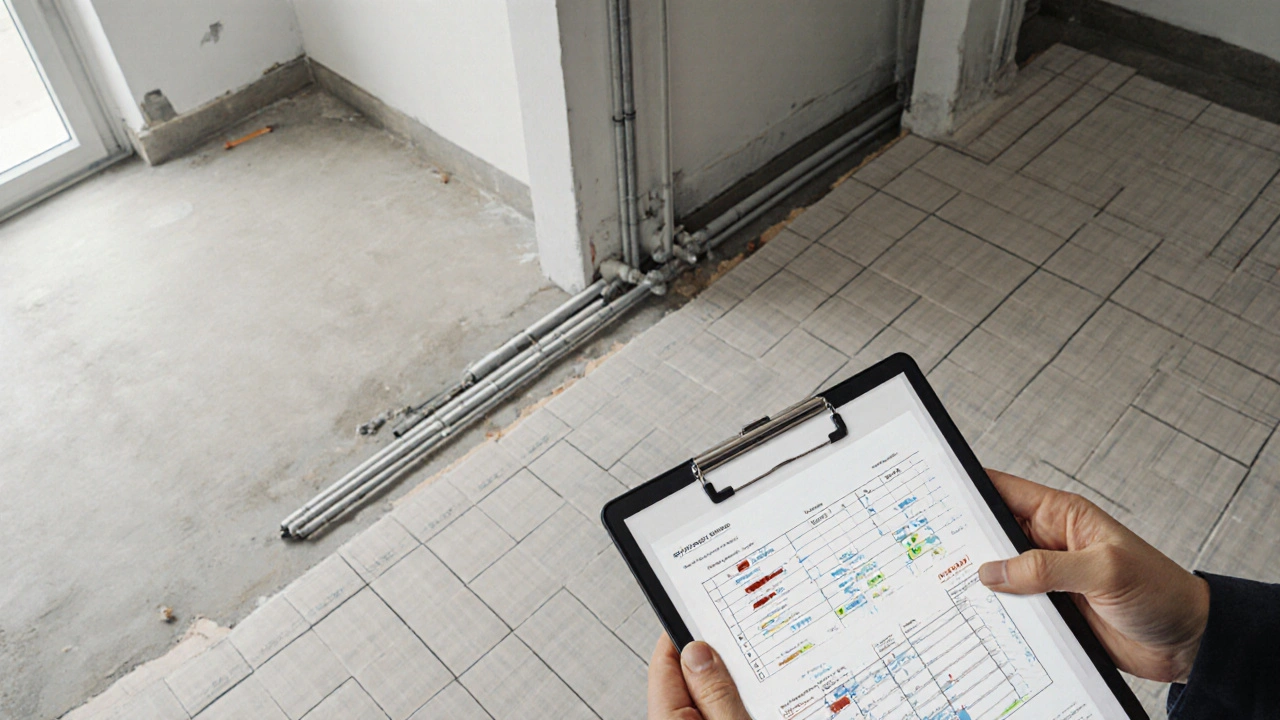 Moderní byt v průběhu rekonstrukce s viditelnými fázemi: podlaha, vedení a obklady.