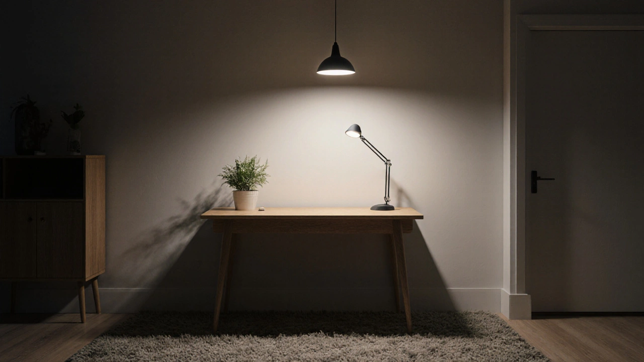 Noční scéna domácí kanceláře s kombinací studeného a teplého osvětlení, dřevěným stolem a kobercem.
