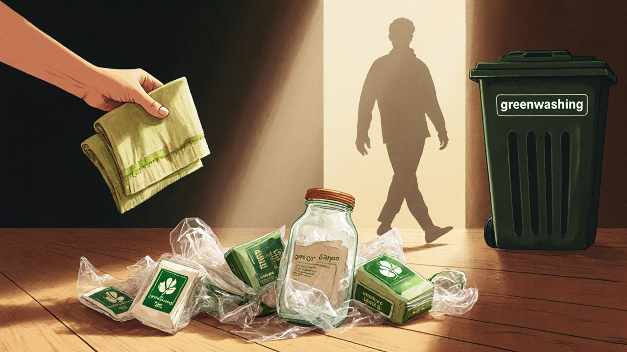 Opakovatelné nádobí vedle zahozeného &#039;biodegradabilního&#039; balení.