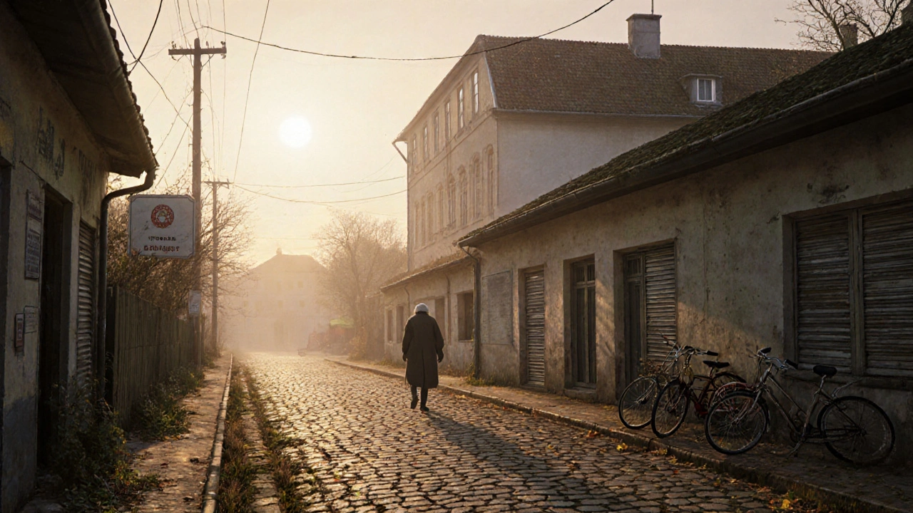 Opuštěná česká vesnice s zavřenou školou a prázdnými obchody.