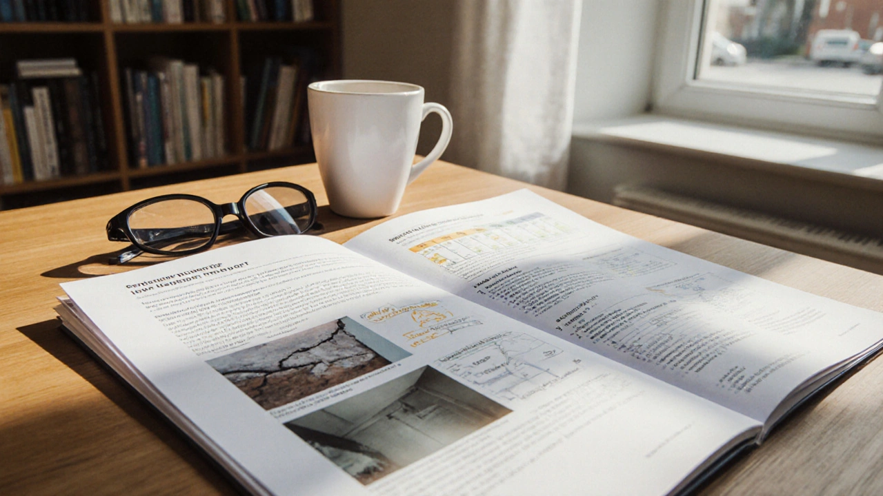 Písemná zpráva o technickém stavu nemovitosti na stole s fotografiemi vad a nářadím.