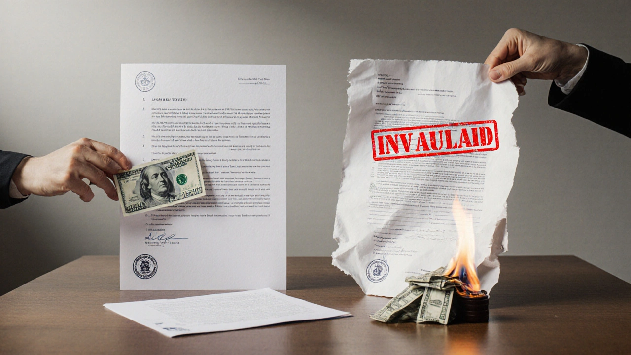 Porovnání platné a neplatné smlouvy: jedna s právníkem a notářem, druhá spálená.