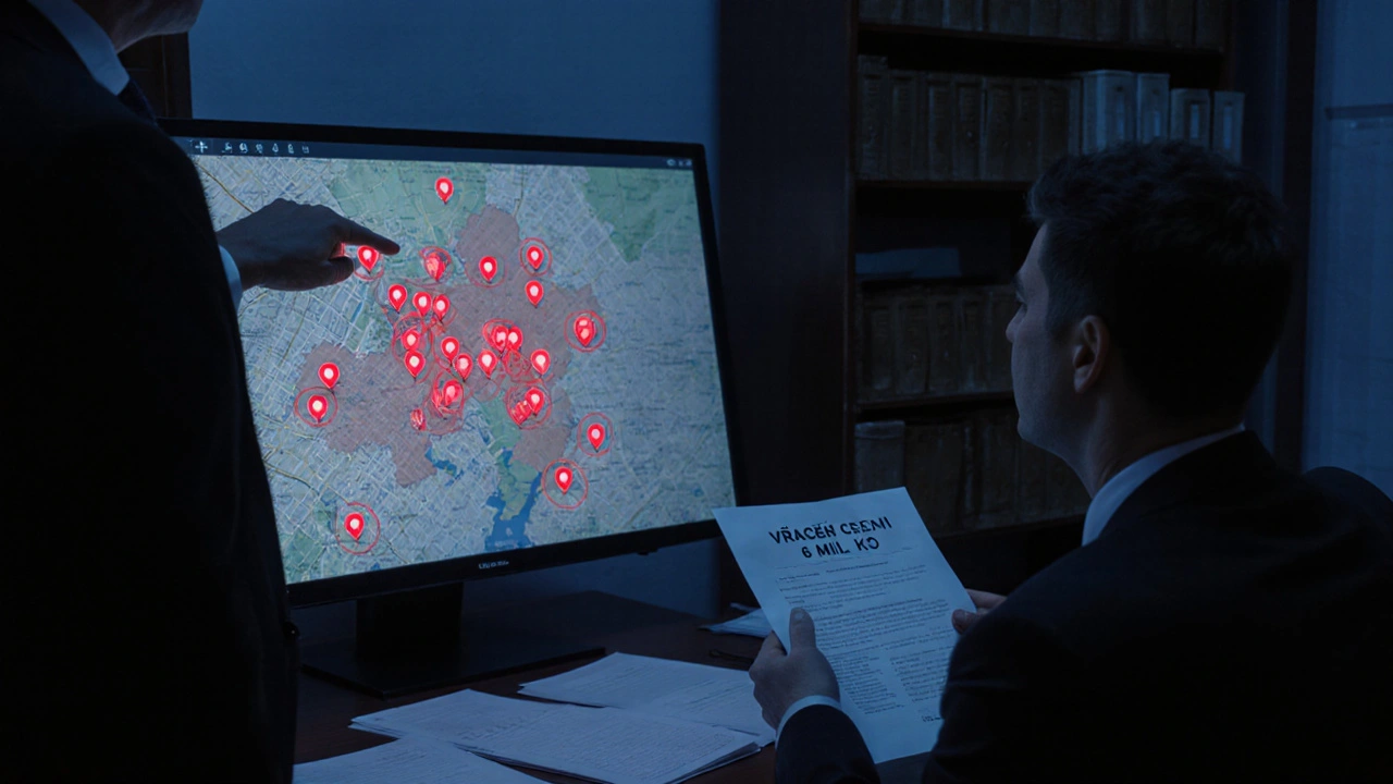 Právník ukazuje na digitální mapu s 14 spoluvlastníky v pražské kanceláři.